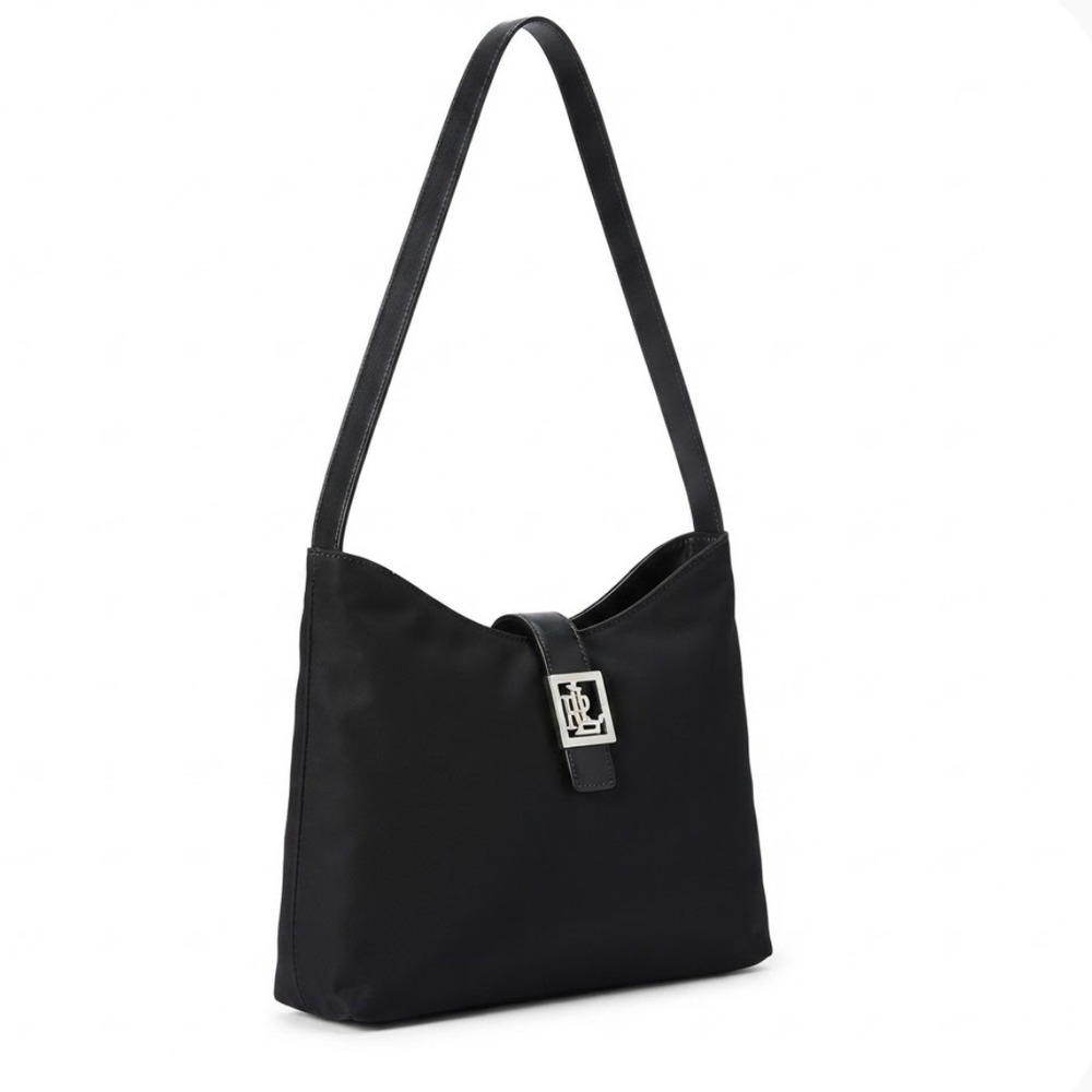 Vintage Lauren Ralph Lauren Black Nylon Shoulder Bag LRL Monogram Leather Trim